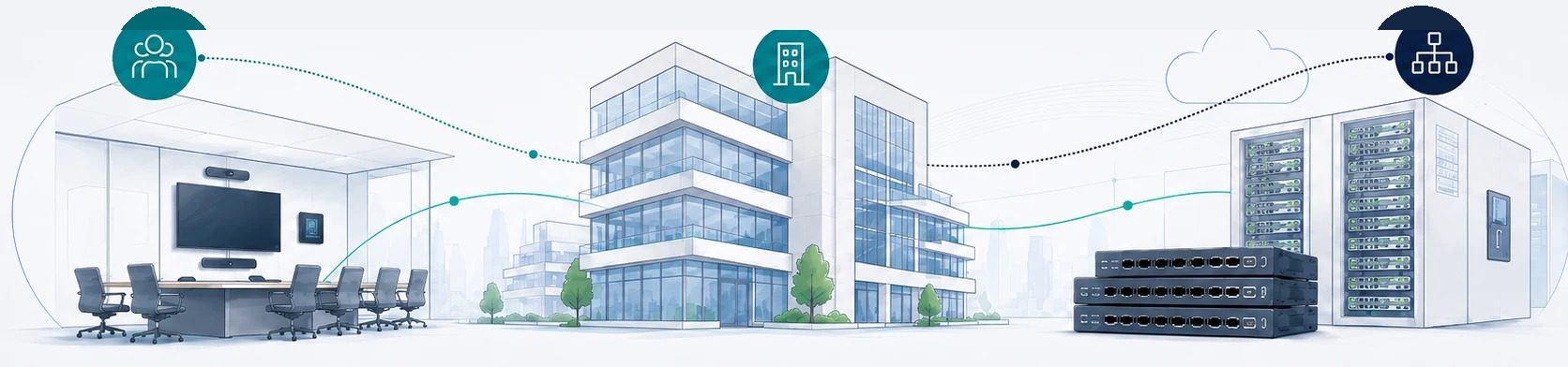 A drawing running left to right: a conference room with a display, camera and touch panel; a multi-story office building; and a rack of network switches and servers. Curved connection lines link all three, marked by circles for rooms, buildings and the network.