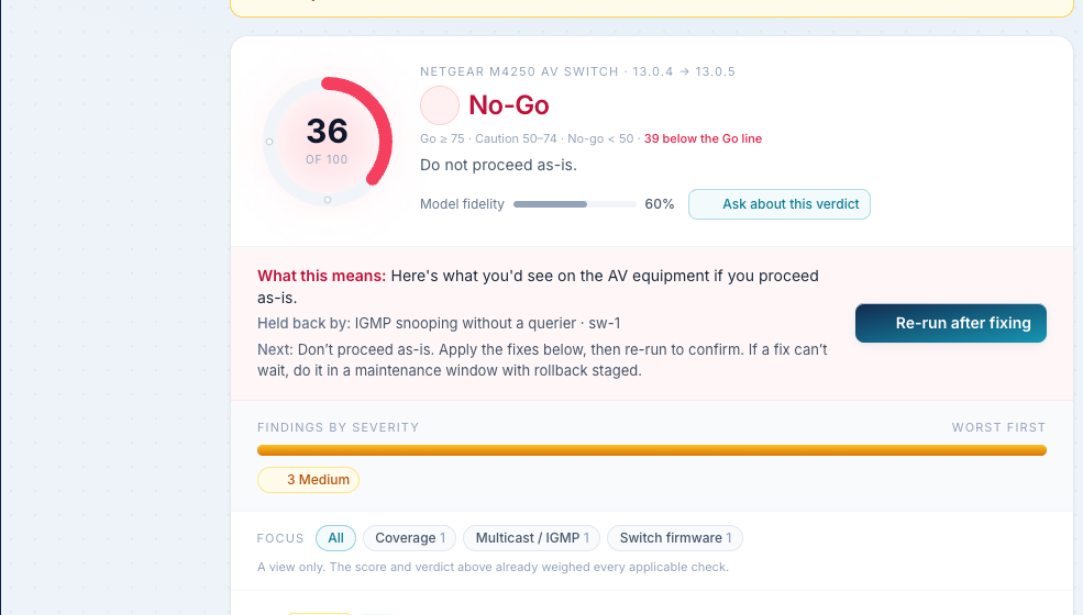 A CrossCheck verdict panel showing an overall score, a Go, Caution or No-Go result, the devices contributing to the score, and the specific reason each one was flagged.