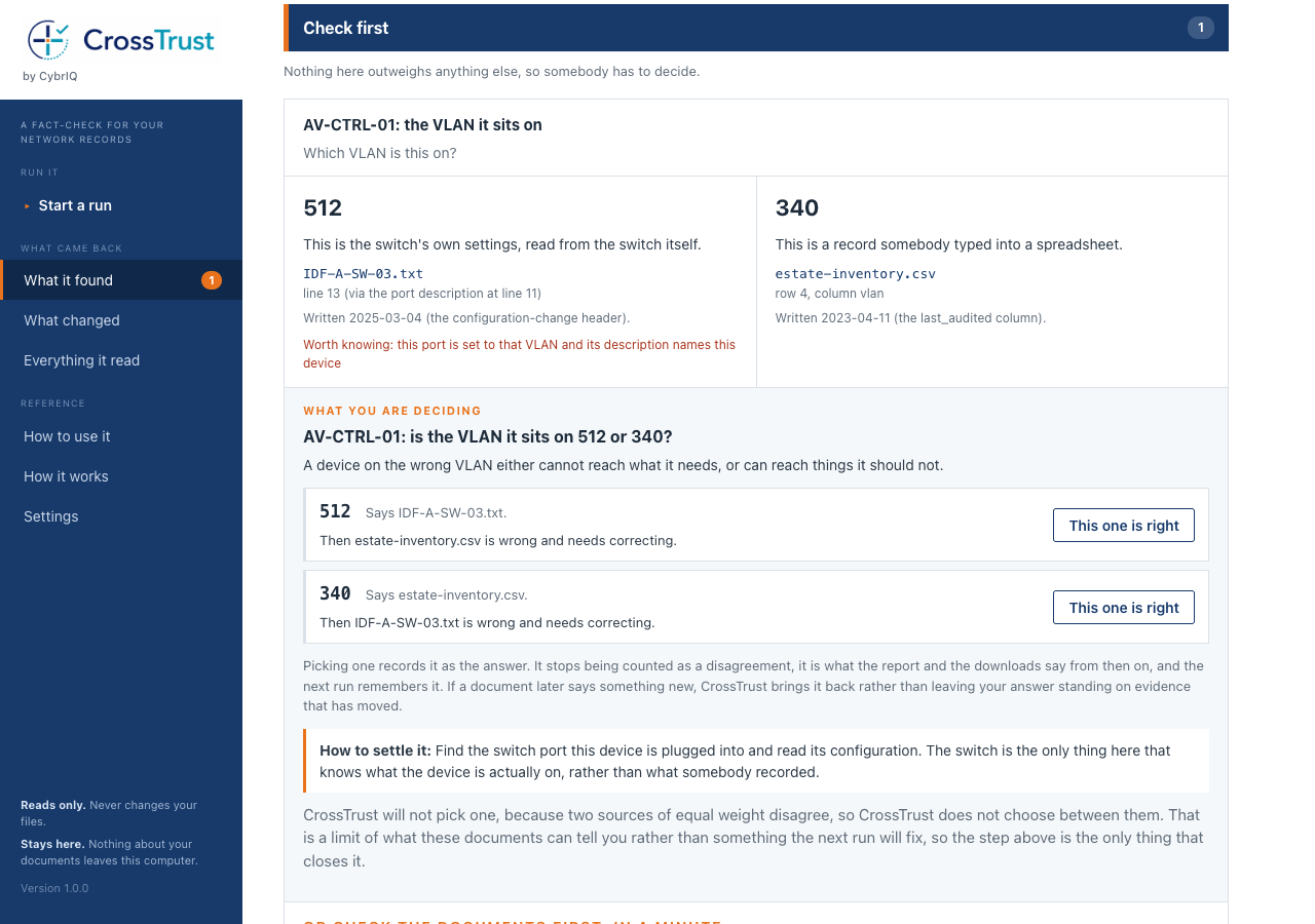 A disagreement view showing two source documents side by side, each quoted with its file name and line number, and the specific values that contradict each other highlighted.