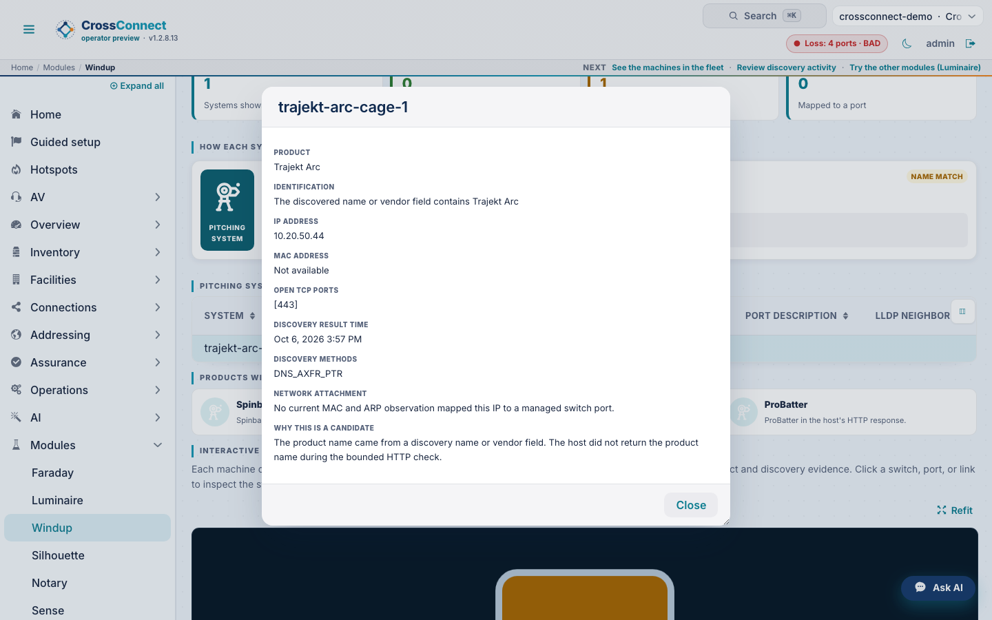 Windup detail for a discovered pitching system, including the product signal, IP address, open ports, and discovery methods.